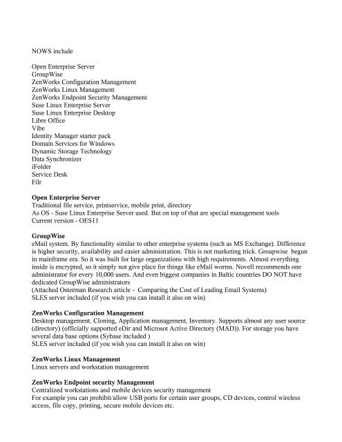 NOWS include Open Enterprise Server GroupWise ZenWorks ...