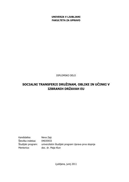 socialni transferji druÅ¾inam, oblike in uÄinki v izbranih drÅ¾avah eu