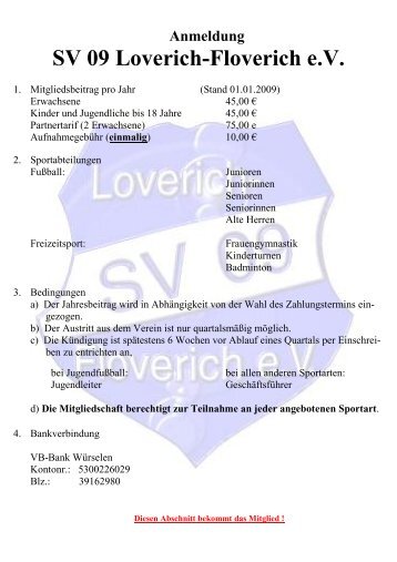 Anmeldung SV 09 Loverich-Floverich eV