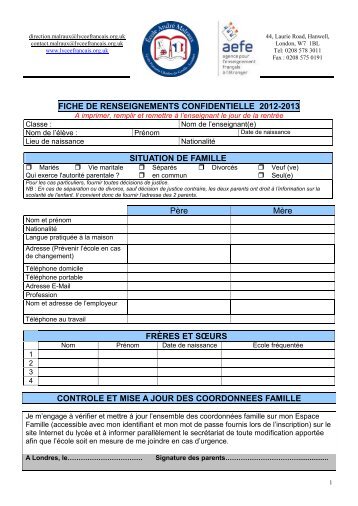 FICHE DE RENSEIGNEMENTS CONFIDENTIELLE 2012-2013 ...