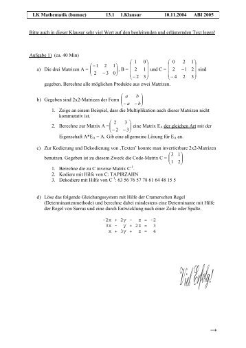 LK Mathematik (bumue) 13.1 1.Klausur 10.11.2004 ABI 2005 Bitte ...