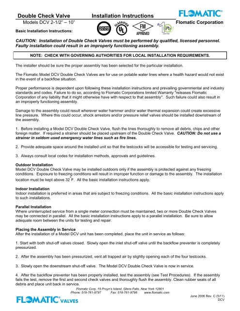 Double Check Valve Installation Instructions - Flomatic Corporation