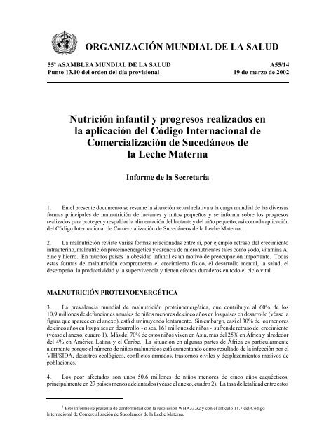 Nutrición infantil y progresos realizados en la aplicación del Código ...