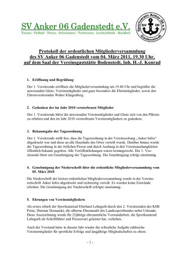 Protokoll der ordentlichen Mitgliederversammlung des SV Anker 06 ...