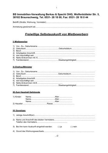 Freiwillige Selbstauskunft von Mietbewerbern - BS Immobilien ...