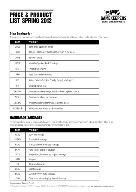 PRICE & PRODUCT LIST SPRING 2012 - Gamekeepers