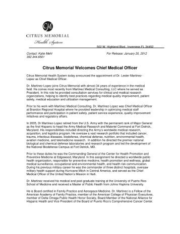 Citrus Memorial Welcomes Chief Medical Officer