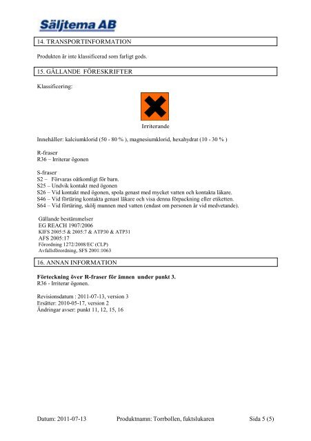 SÃƒÂ¤kerhetsdatablad (MSDS) (80.5 KB - pdf) - Jula