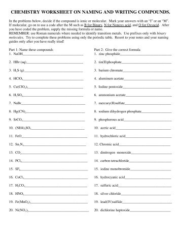 chemistry worksheet on naming and writing compounds.