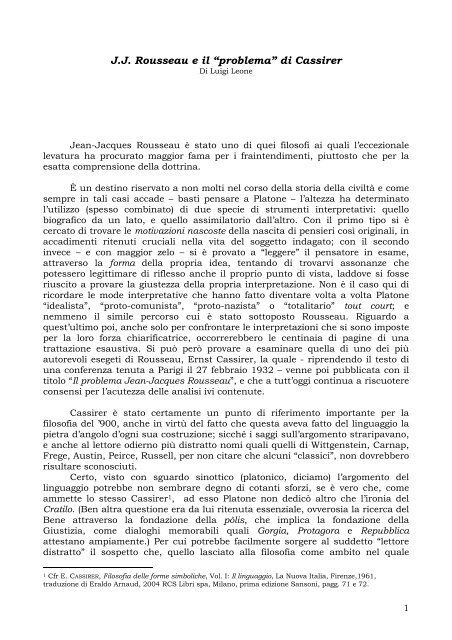 J.J. Rousseau e il “problema” di Cassirer - Politicamente.Net