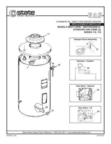 commercial tank type water heater replacement parts list models ...