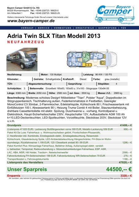 Adria Twin SLX Titan Modell 2013 NEUFAHRZEUG - Bayern-Camper