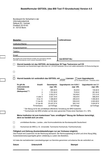 Bestellformular GSTOOL (das BSI Tool IT-Grundschutz) Version 4.5