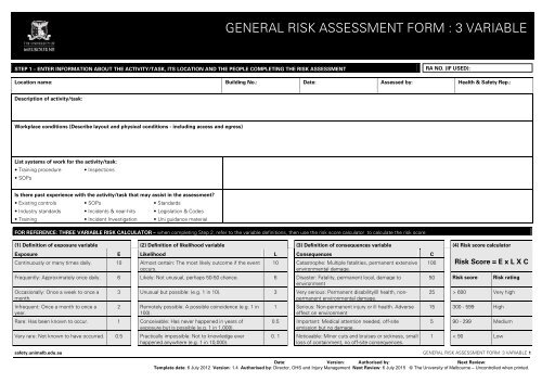 General risk assessment form: 3 variable - Safety - University of