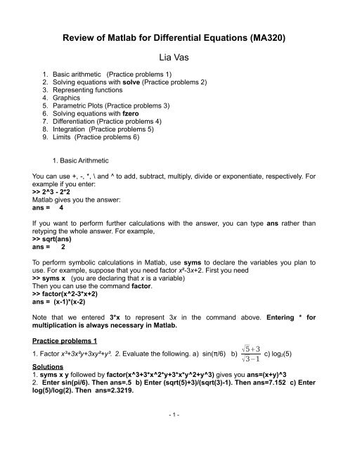 Review Of Matlab For Differential Equations Ma3 Lia Vas