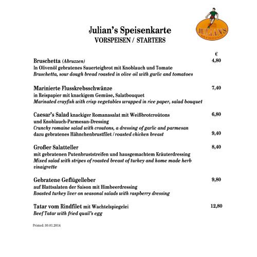 Julian´s Speisekarte - Julian's Bar & Restaurant