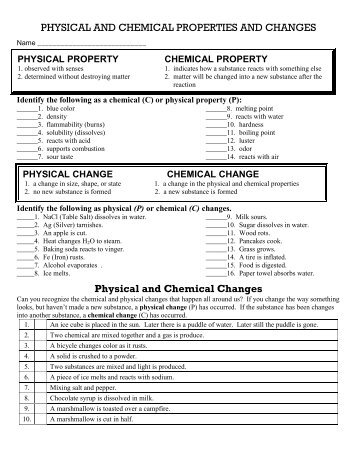 Physical and Chemical Properties and Changes Worksheet 2 