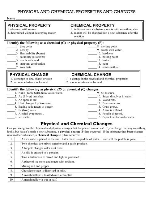 Chemical And Physical Change Worksheet