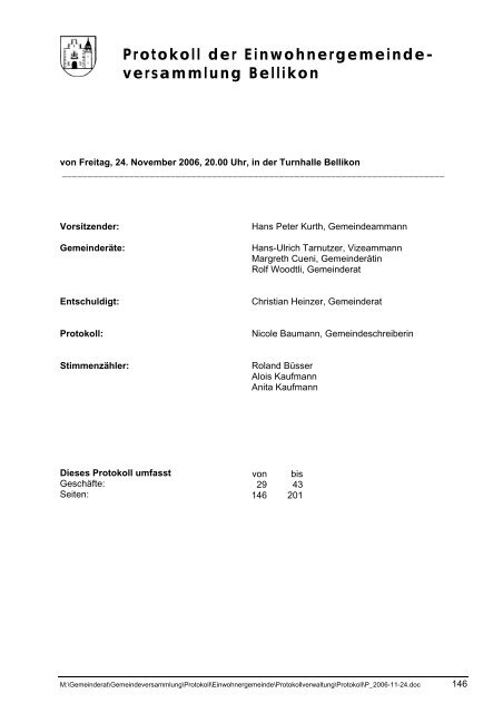 Protokoll der Einwohnergemeinde - Bellikon