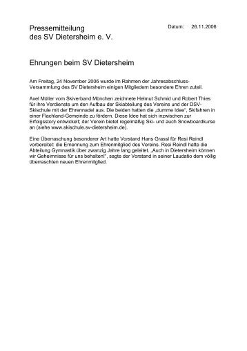 Pressemitteilung des SV Dietersheim e. V. Ehrungen beim SV ...