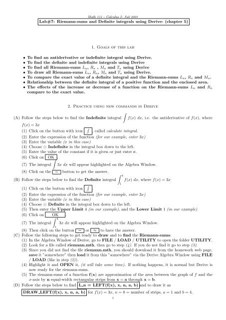 Lab#7: Riemann-sums and Definite integrals using Derive- (chapter ...