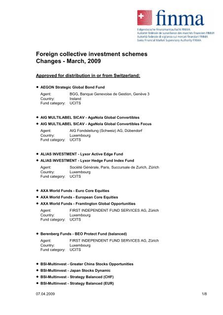 Foreign Collective Investment Schemes Changes - March, 2009