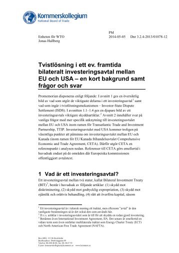 PM Tvistlösning i ett ev  framtida bilateralt investeringsavtal mellan EU och USA  en kort bakgrund samt frågor och svar