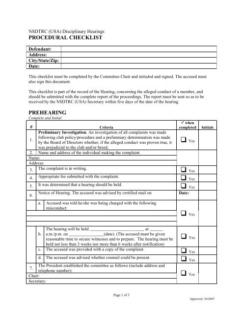 Disciplinary Hearings PROCEDURAL CHECKLIST - NSDTRC(USA)