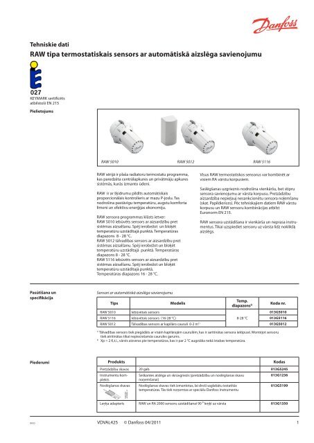 RAW tipa termostatiskie sensori - Danfoss apkures portÄls
