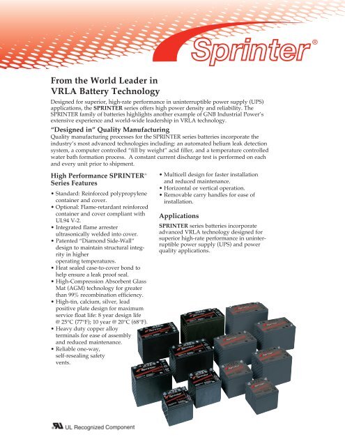 Sprinter® Top Terminal Batteries Specifications Section 22.70