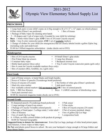 2011-2012 Olympic View Elementary School Supply List