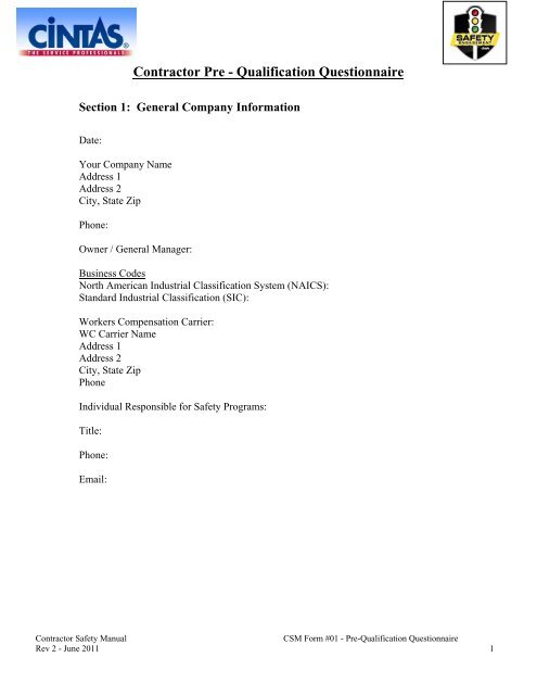 Contractor Pre - Qualification Questionnaire - Cintas
