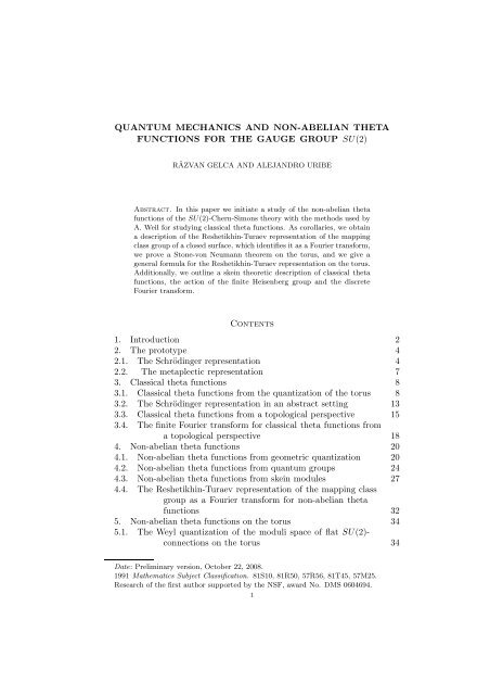 QUANTUM MECHANICS AND NON-ABELIAN THETA FUNCTIONS ...