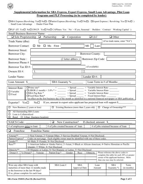 SBA Form 1920 SX (Part B). - Small Business Administration