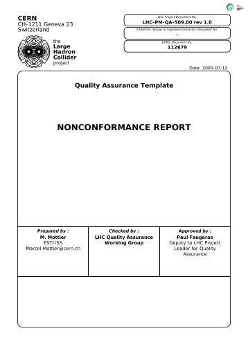 Quality Assurance Template NONCONFORMANCE REPORT - CERN