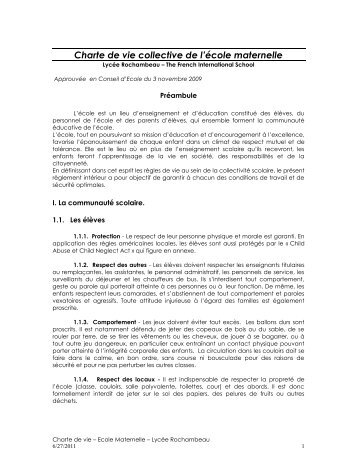 Charte de vie collective de l'école maternelle - Lycée Rochambeau
