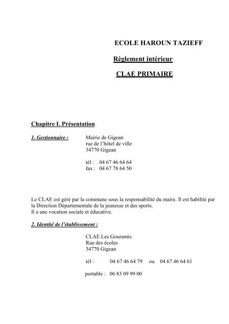 REGLEMENT INTERIEUR PRIMAIRE 30.03.07 - Ville de Gigean