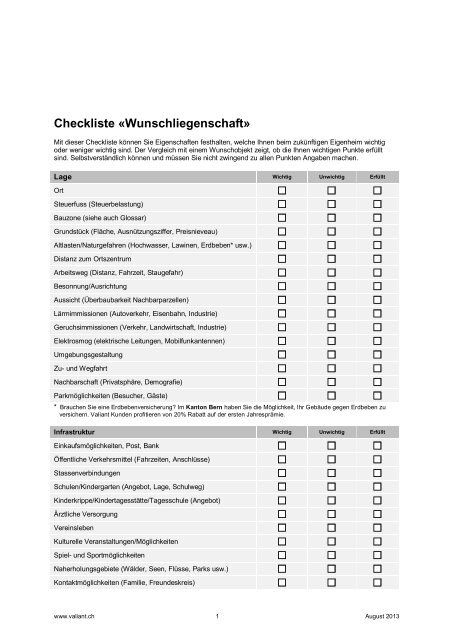 Checkliste - Wunschliegenschaft (PDF, 633.8 KB) - Valiant Bank
