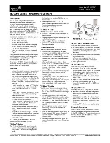 TE-6300 Series Temperature Sensors Catalog ... - Johnson Controls