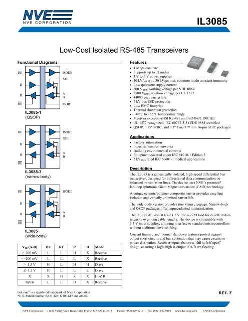 IL3085 Low-Cost Isolated RS-485 Transceiver ... - NVE Corporation