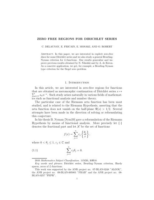 ZERO FREE REGIONS FOR DIRICHLET SERIES 1. Introduction In ...