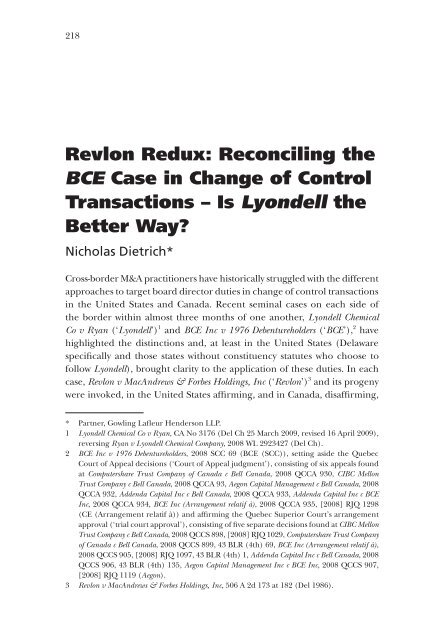 Revlon Redux: Reconciling the BCE Case in Change of ... - Gowlings