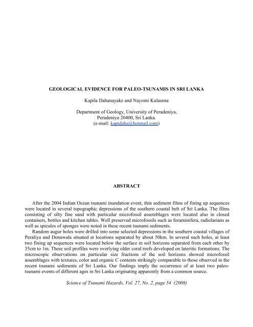 GEOLOGICAL EVIDENCE FOR PALEO-TSUNAMIS IN SRI LANKA ...