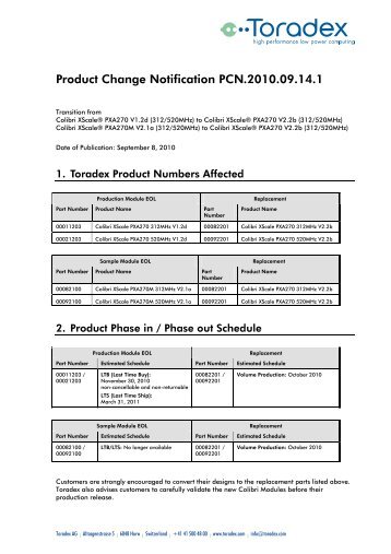 Product Change Notification PCN.2010.09.14.1 - Toradex