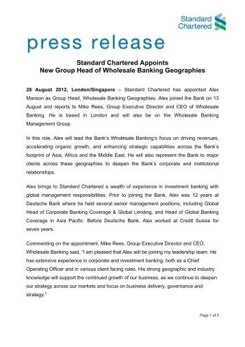 Appointment of Alex Manson - Standard Chartered Bank