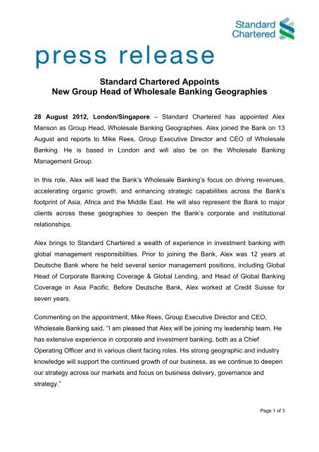 Appointment of Alex Manson - Standard Chartered Bank