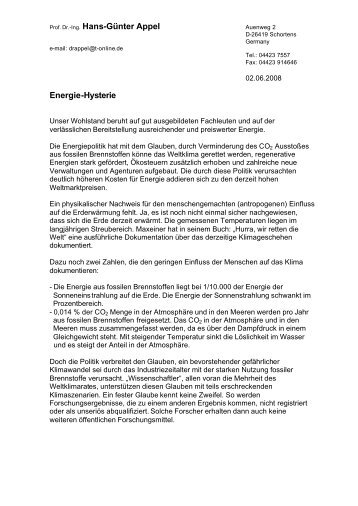 Prof. Dr.-Ing. Hans-Günter Appel Energie-Hysterie