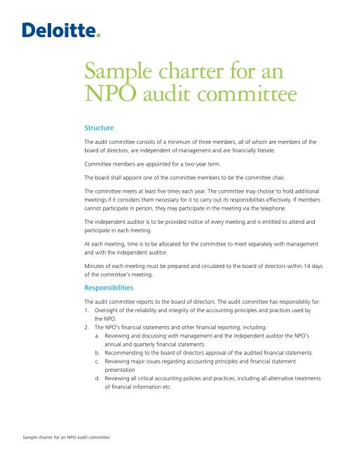 Sample charter for an NPO audit committee - Center for Corporate ...
