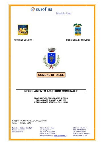 REGOLAMENTO ACUSTICO COMUNALE COMUNE DI PAESE