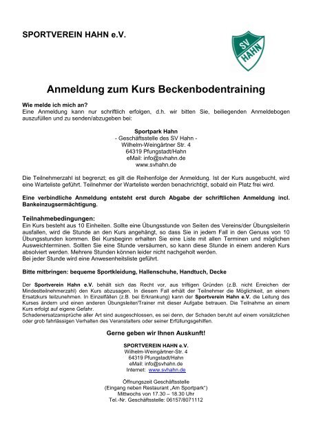 Anmeldung zum Kurs Beckenbodentraining - Sportverein Hahn eV